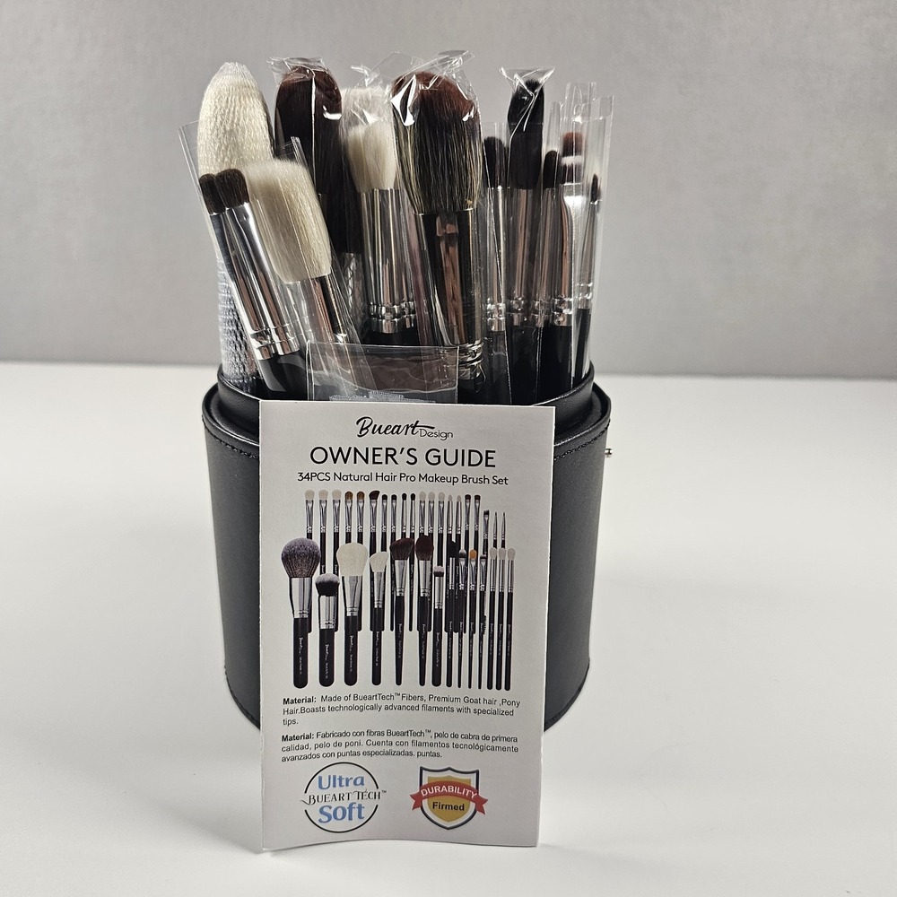 Bueart Design 34Pc Pro Natural Goat Horse Hair Makeup Brush Set Holder Case New